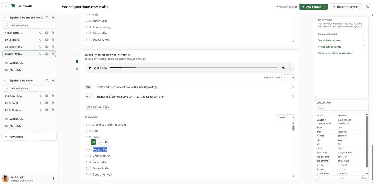 An audio clip in Glotsmith with timestamped study notes and a highlighted transcript line showing the quick-action menu.