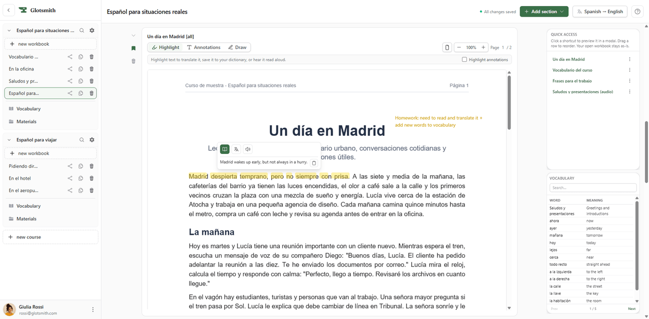 A Spanish PDF reading open in Glotsmith with a highlighted phrase, a pop-up translate menu, and the reader's own margin notes.