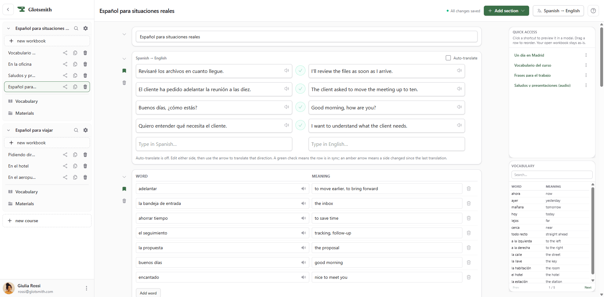 The Glotsmith editor showing a Spanish workbook: side-by-side translation rows, quick-access shortcuts, and the course vocabulary in the right rail.