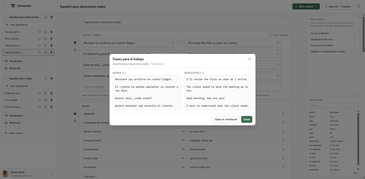 Previewing a pinned workbook section in a pop-up without leaving the current page.