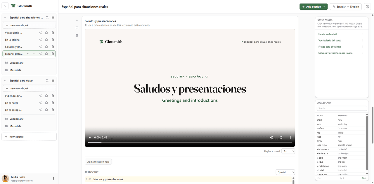 A lesson video playing in Glotsmith beside its synced, timestamped transcript.