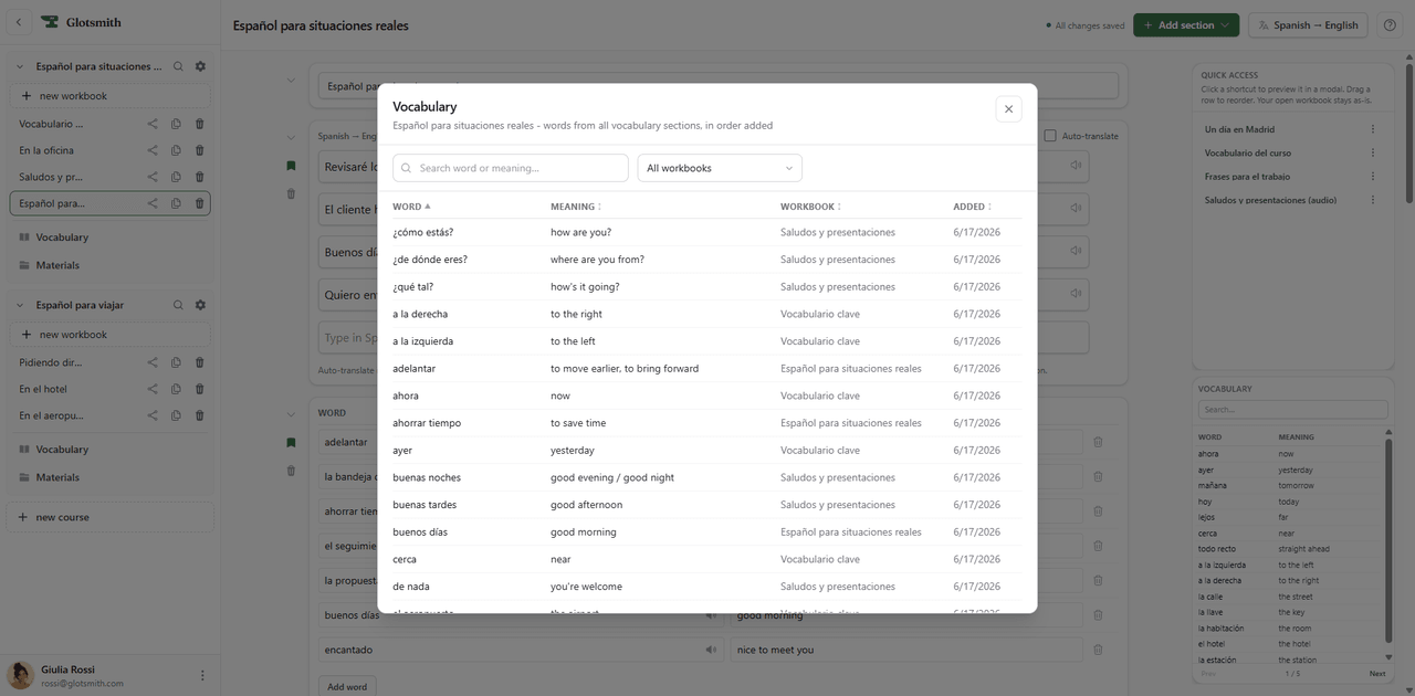 The course vocabulary list showing each word, its meaning, and which workbook it came from.