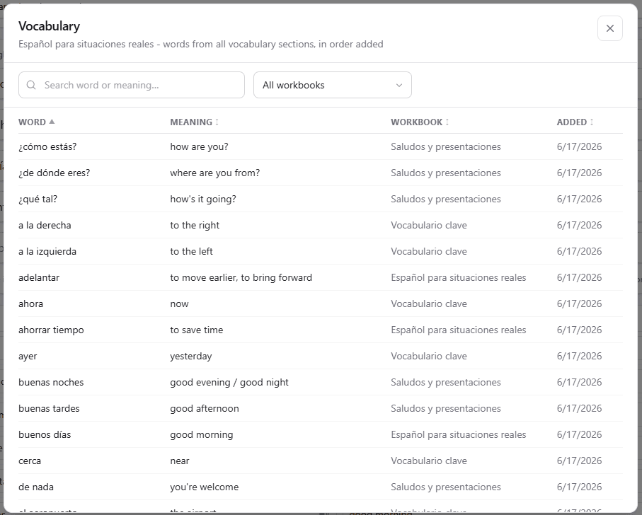 The course vocabulary list showing each word, its meaning, and which workbook it came from.